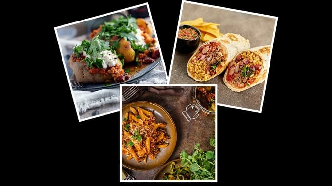 Three photos of a chilli flexed into different meals: on a jacket potato, mixed with pasta, and in a wrap.