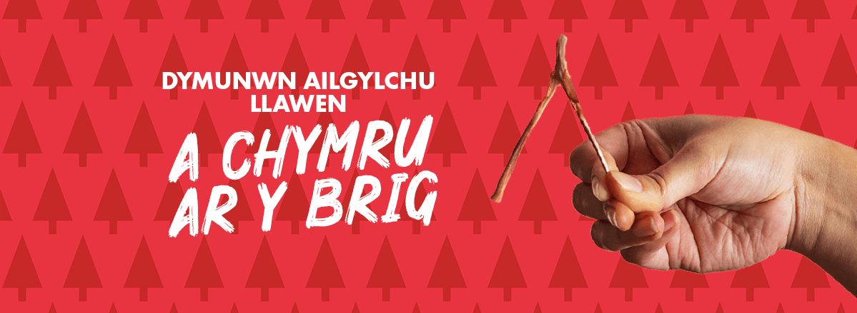 Baner goch gyda choed Nadolig, gyda llaw person gwyn yn dal asgwrn dymuniad twrci. Mae'r testun wedi'i droshaenu yn darllen: Dymuniad i Gymru fod yn Rhif 1 y byd ym maes ailgylchu.