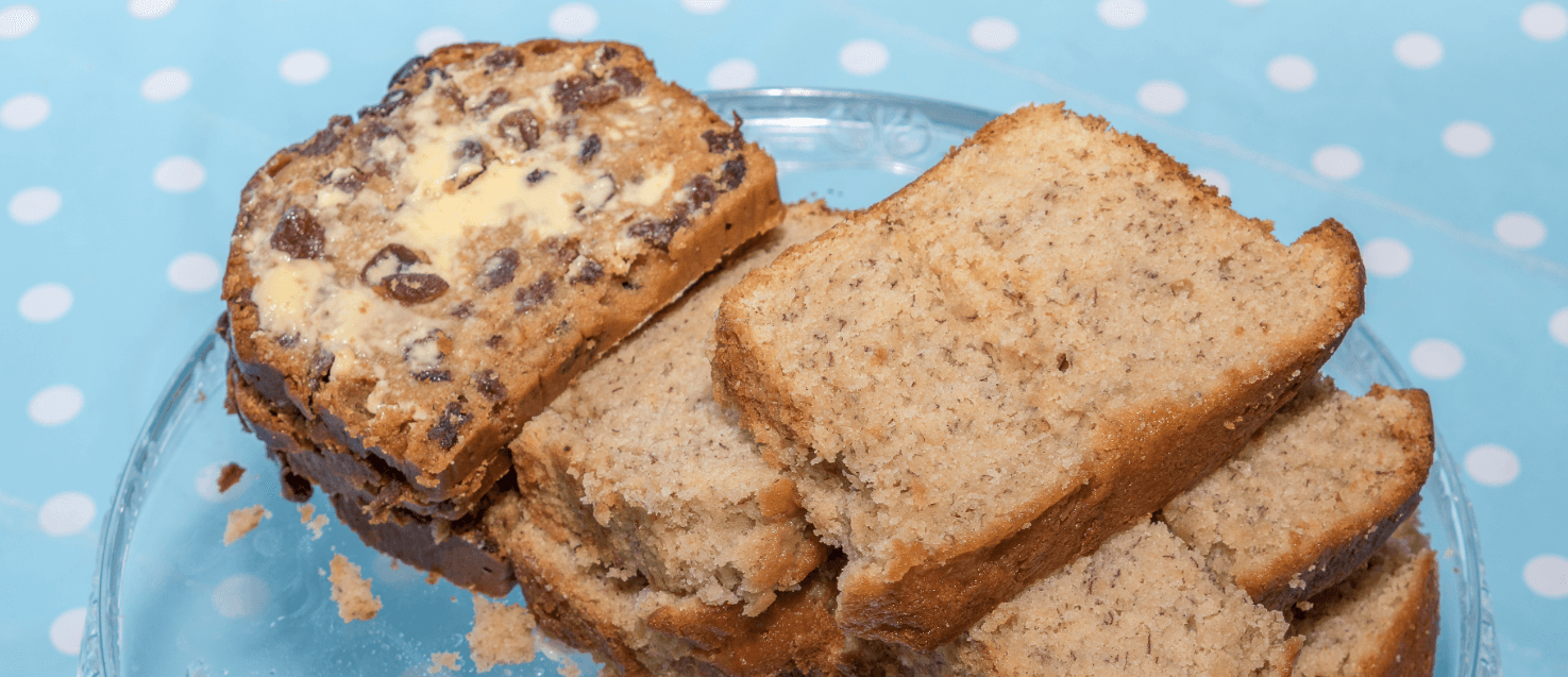 bara brith on a blue dotted tablecloth