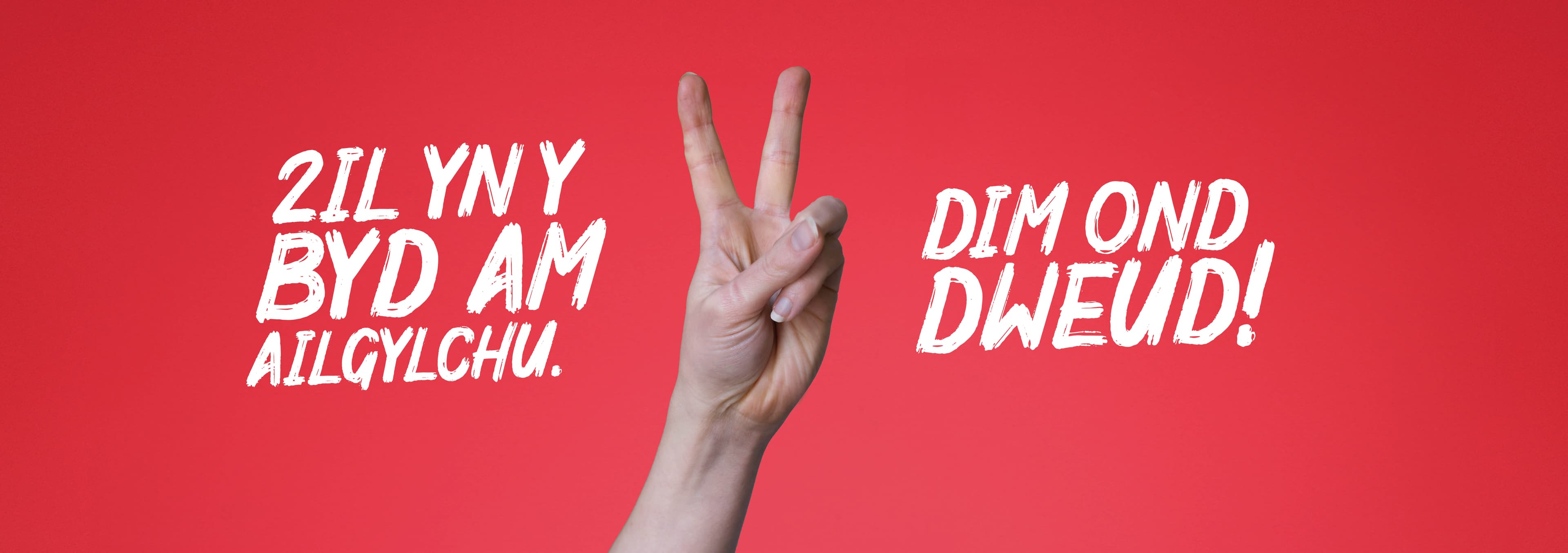 Baner goch gyda llaw person gwyn yn dal dau fys i fyny mewn arwydd heddwch. Mae'r testun yn darllen: 2il yn y byd am ailgylchu. Dim on dwued!