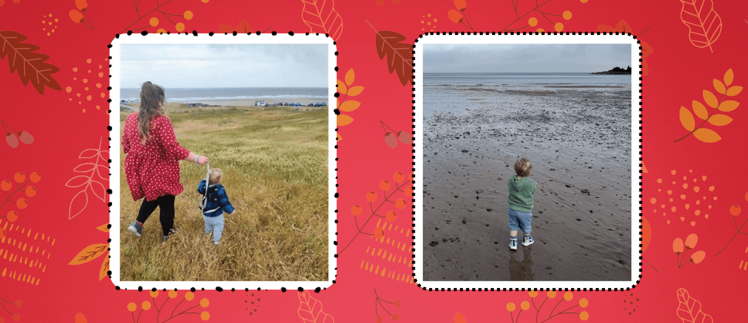 2 images of a toddler in clothing on different beach settings
