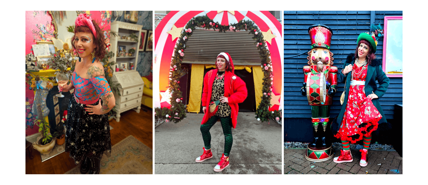 3 images of Ange in festive pre-loved clothing