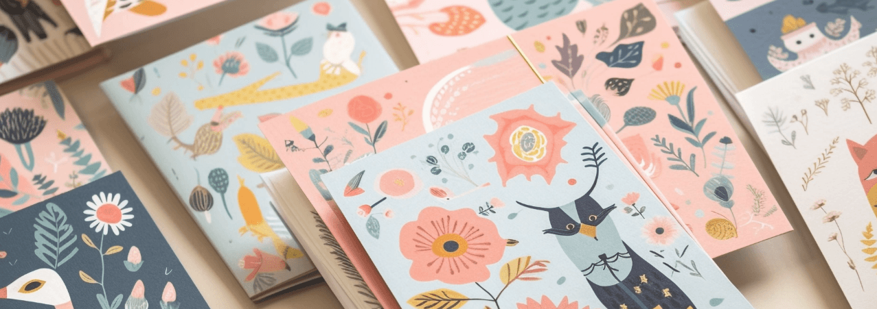 Blue, pink and navy greeting cards with colourful designs.