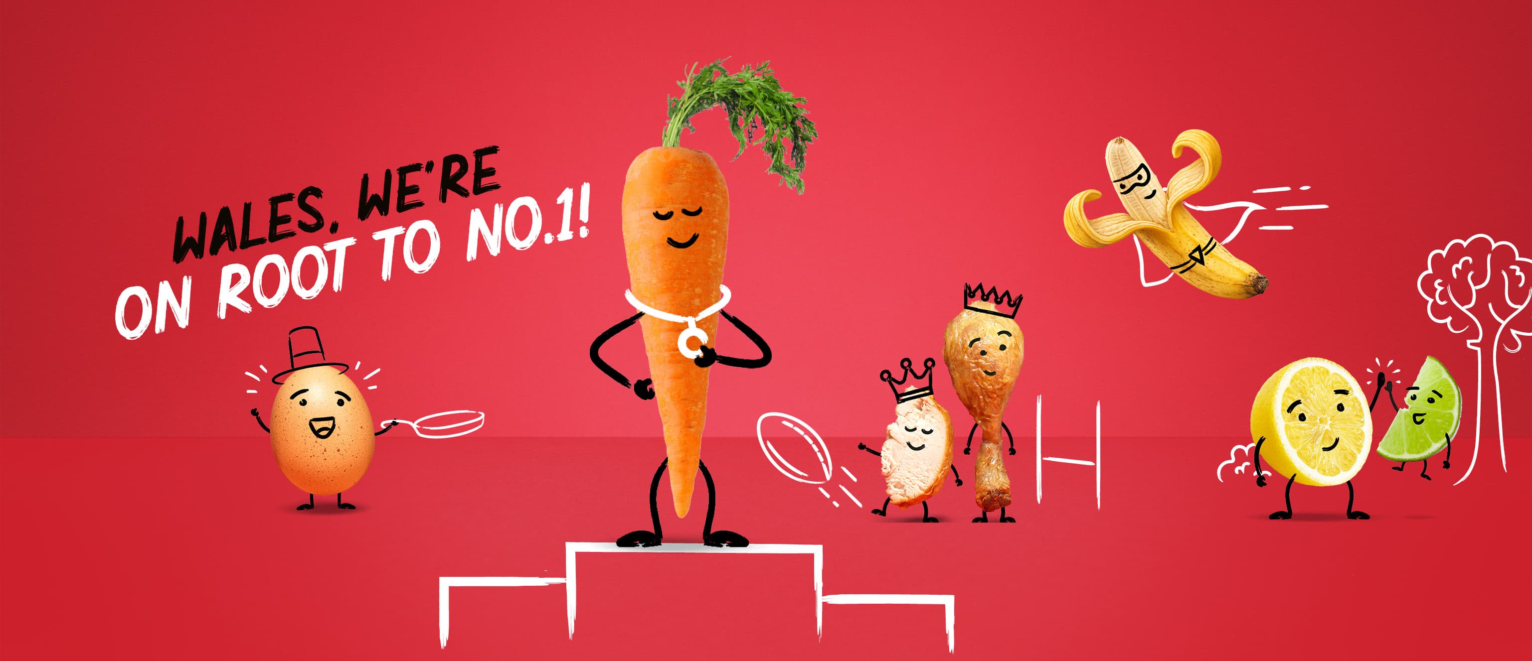Items of food with cartoon limbs drawn on to create characters on a red background with the text "Wales, we're on root to No.1"