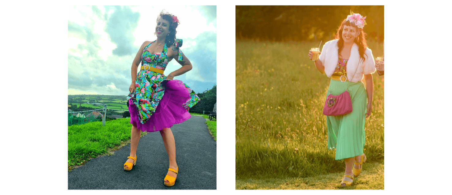 2 photos of Ange in wedding outfits.